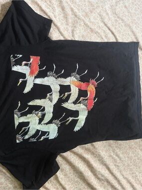Black Tee with Flying Crane Graphic - Red & White Accents